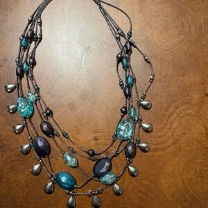 Chic Multi-Strand Necklace with Teal and Black Beads